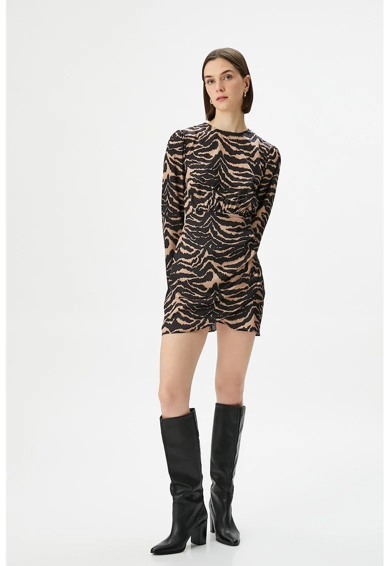 Rochie cu model petrecut si animal print, Negru/Maro nisip