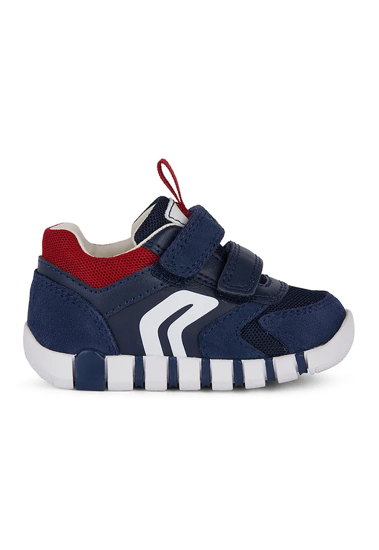 Pantofi sport cu velcro, model colorblock si garnituri din piele intoarsa, Rosu inchis/Bleumarin