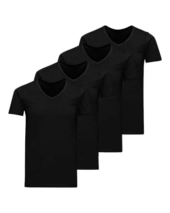Set de tricouri cu decolteu in V Basic - 4 piese, Negru