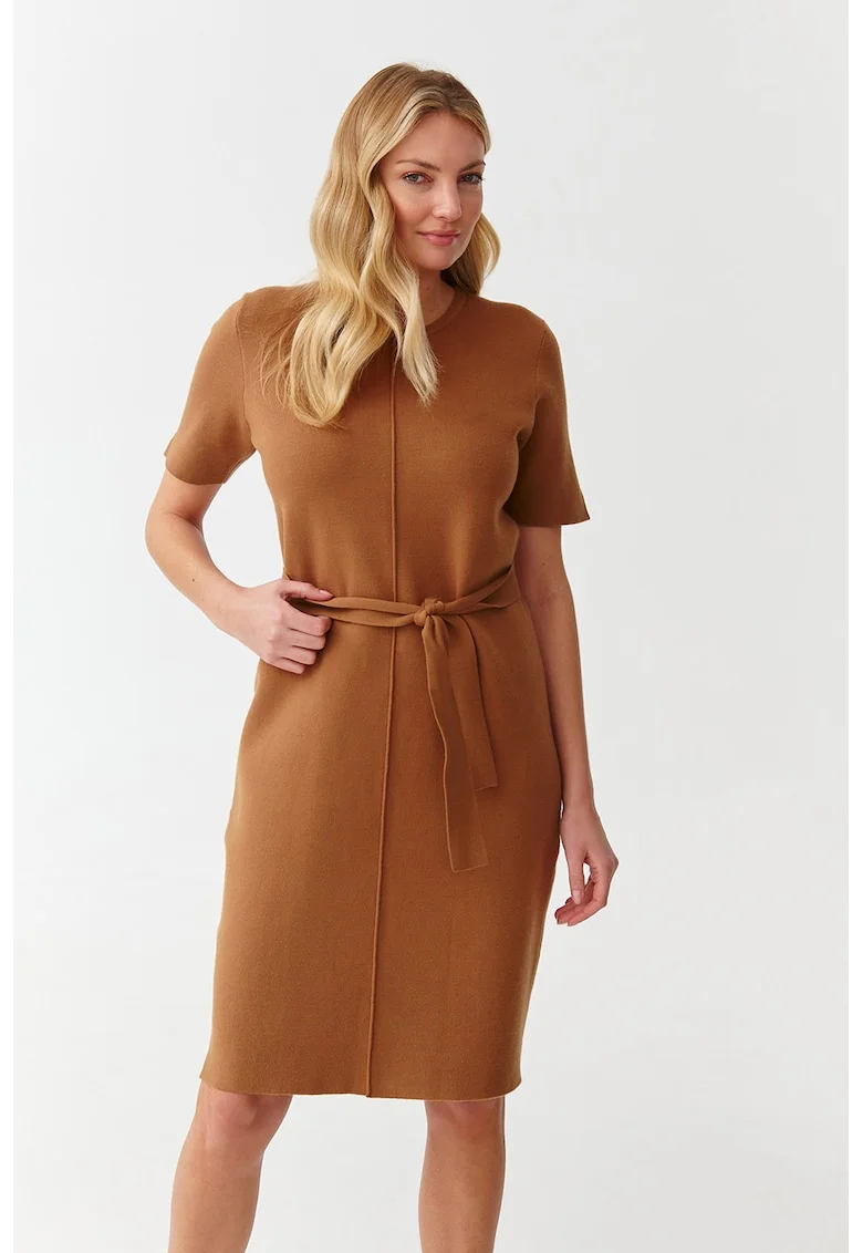 Rochie cambrata din tricot cu cordon in talie Jennifer, Caramel