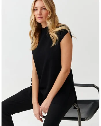Pulover tricotat fin cu maneci scurte, Negru