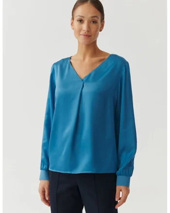 Bluza cu decolteu in V si aspect de satin Sandrika, Albastru deschis