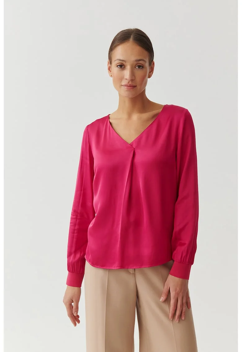 Bluza cu decolteu in V si aspect de satin Sandrika, Roz aprins
