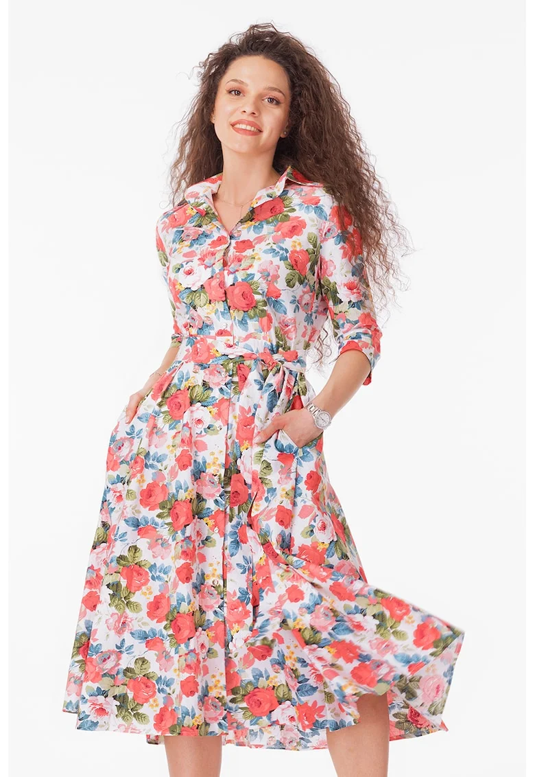 Rochie-camasa evazata cu cordon in talie, Verde/Coral/Albastru