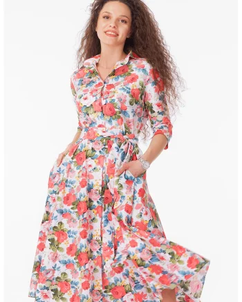 Rochie-camasa evazata cu cordon in talie, Verde/Coral/Albastru