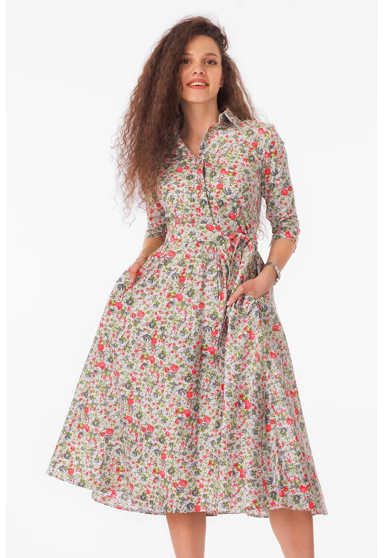 Rochie-camasa evazata cu cordon in talie, Alb/Verde/Coral