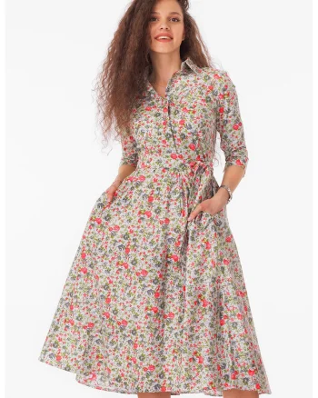 Rochie-camasa evazata cu cordon in talie, Alb/Verde/Coral