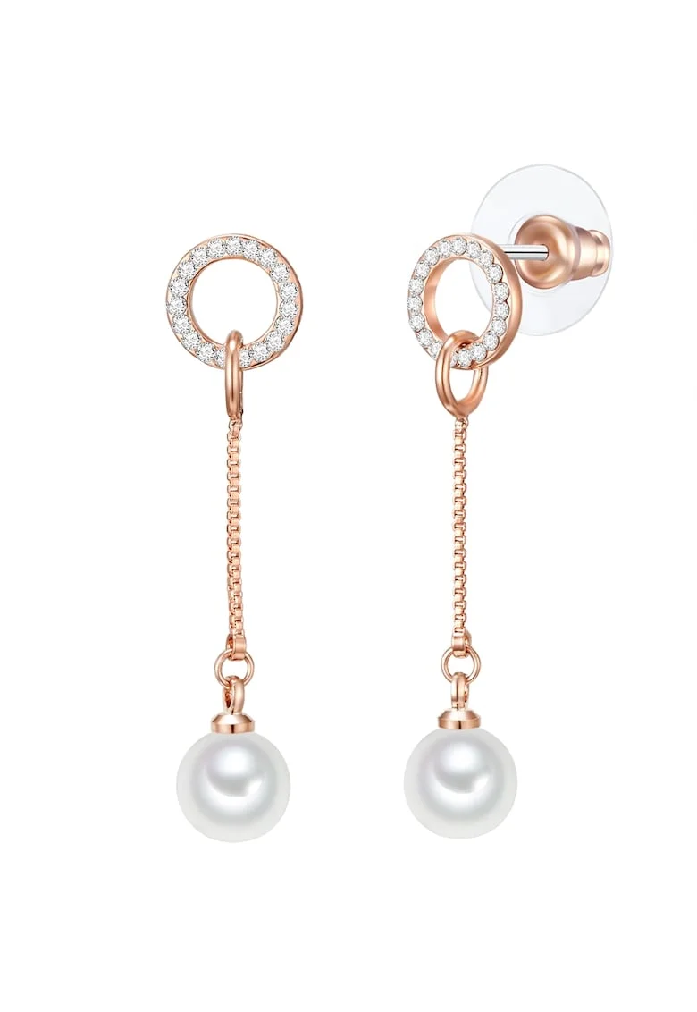 Cercei drop din aur rose de 14K decorati cu perle sintetice, Auriu rose