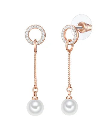 Cercei drop din aur rose de 14K decorati cu perle sintetice, Auriu rose