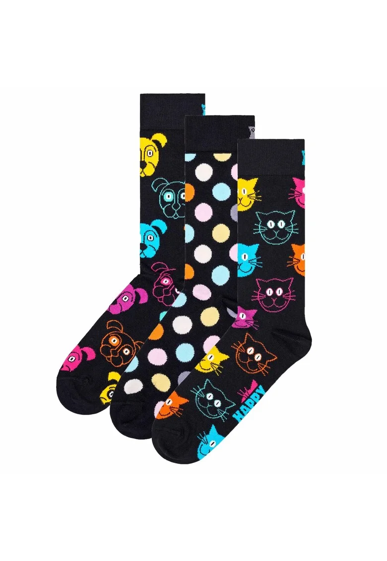 Set de sosete lungi unisex cu model cu buline - 3 perechi, Negru/Roz aprins/Albastru