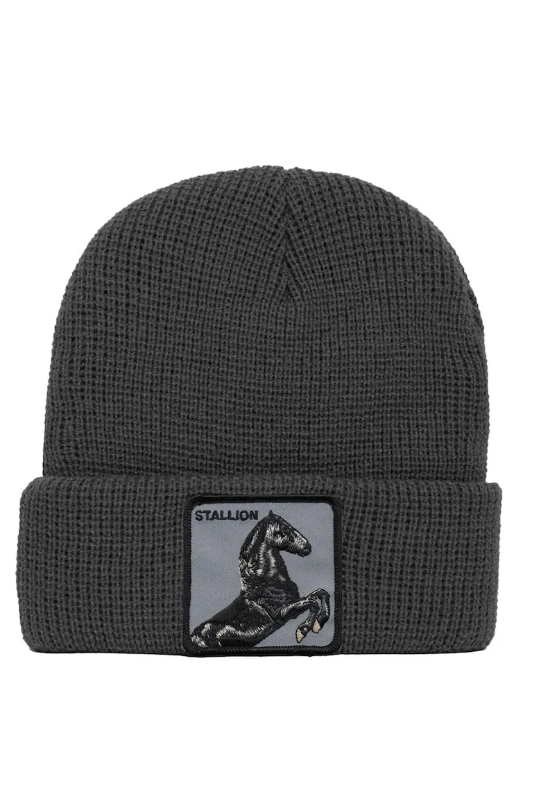 Caciula unisex din tricot fin cu aplicatie, Gri