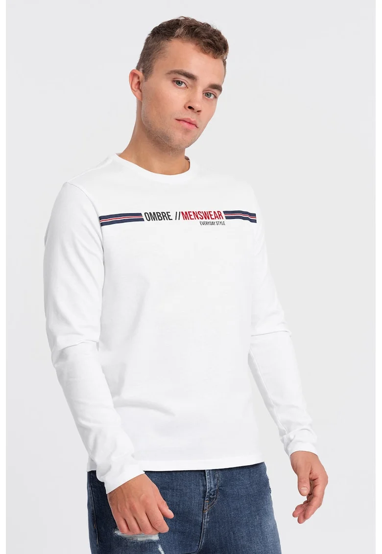 Bluza cu decolteu la baza gatului si imprimeu logo, Rosu/Alb/Bleumarin