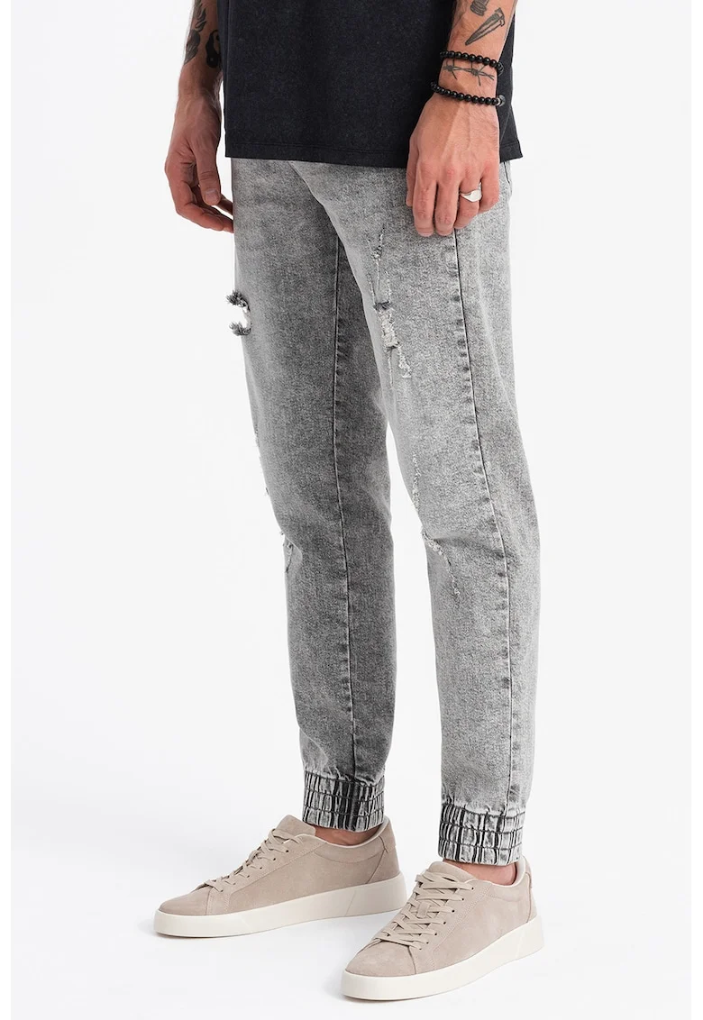 Pantaloni jogger din denin conici, Gri melange