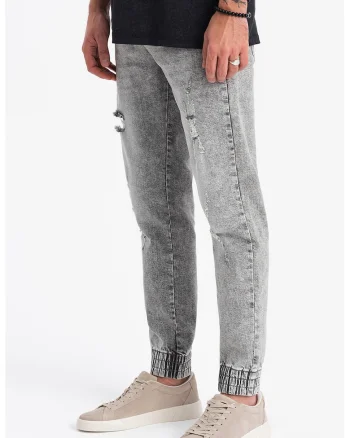 Pantaloni jogger din denin conici, Gri melange