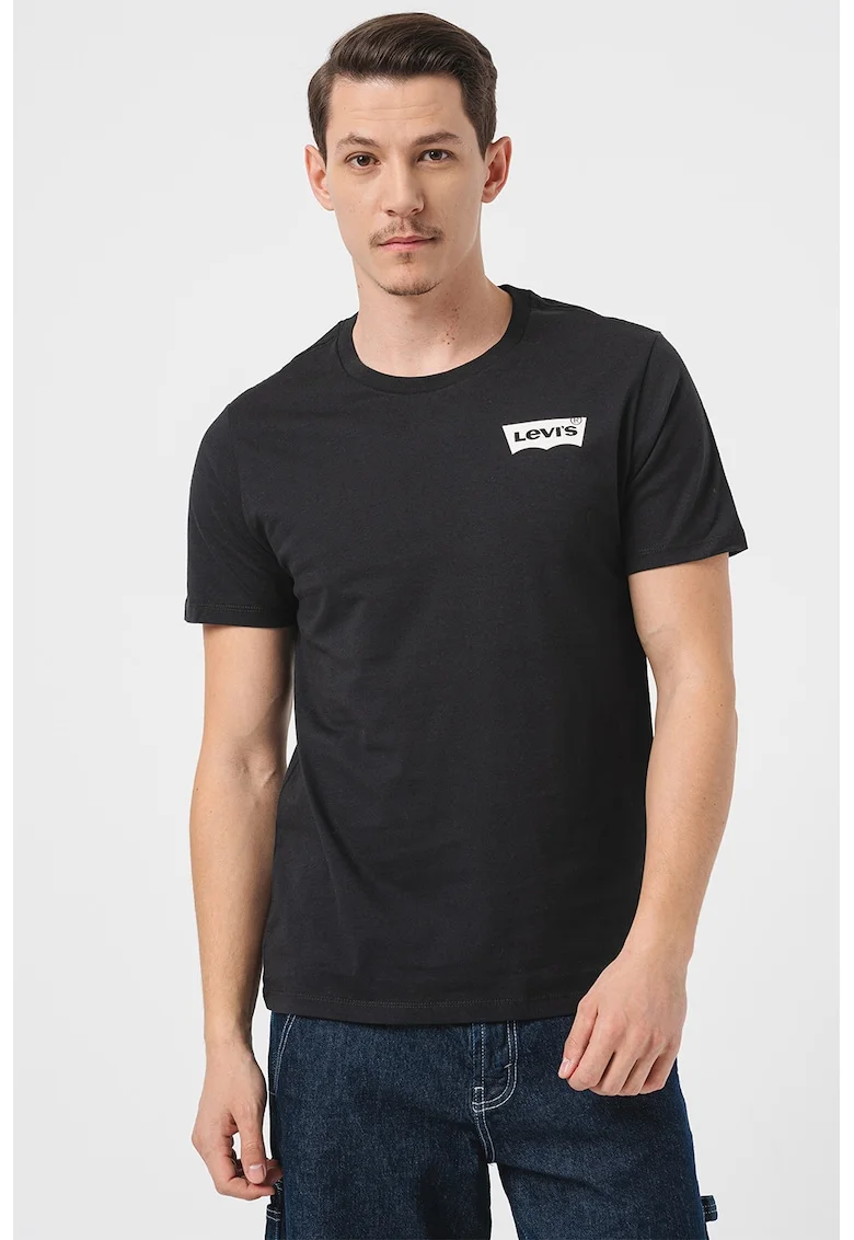 Tricou din bumbac cu decolteu la baza gatului si logo, Negru