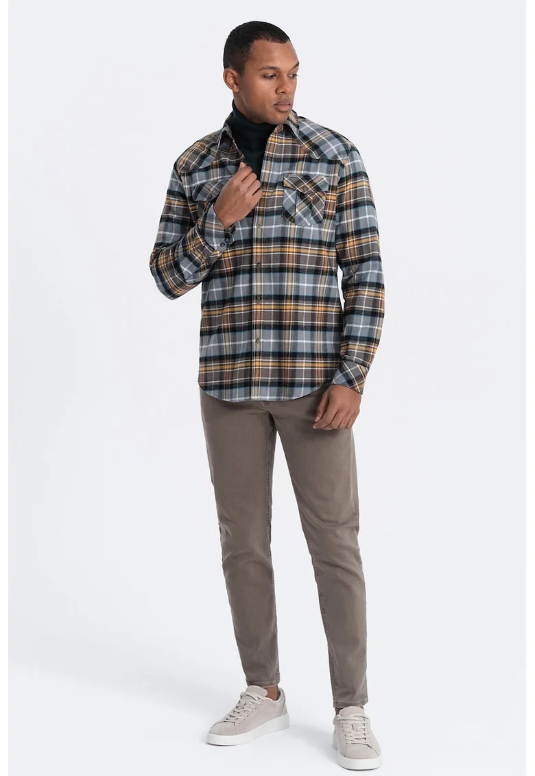 Camasa slim fit in carouri cu buzunare aplicate, Maro/Gri/Galben