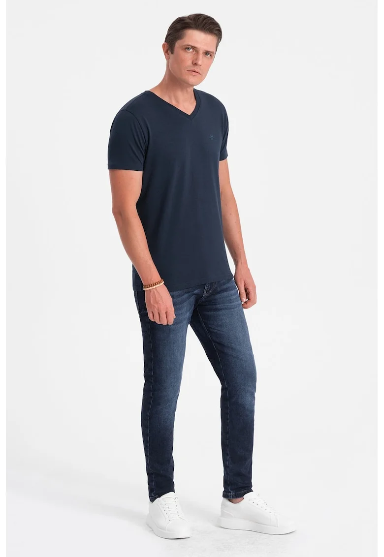 Tricou din amestec de bumbac cu decolteu in V, Bleumarin