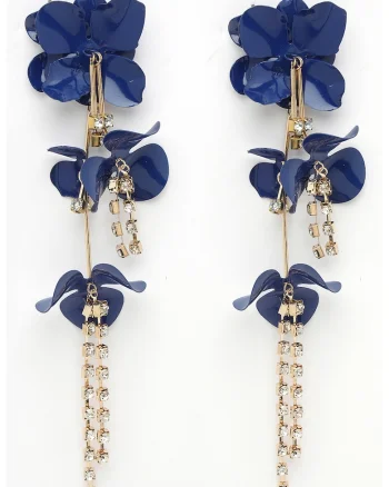 Cercei drop cu design floral si cristale, Auriu/Albastru