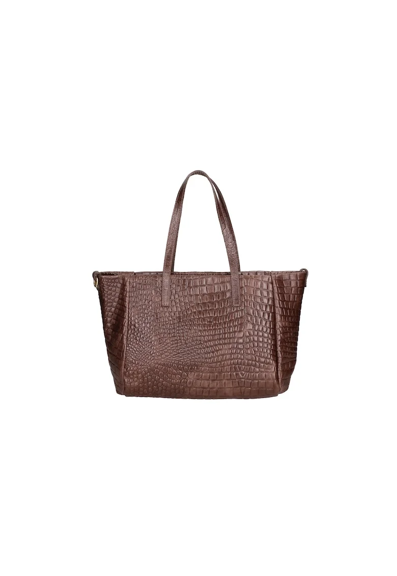 Geanta shopper de piele cu aspect de piele de crocodil, Maro inchis