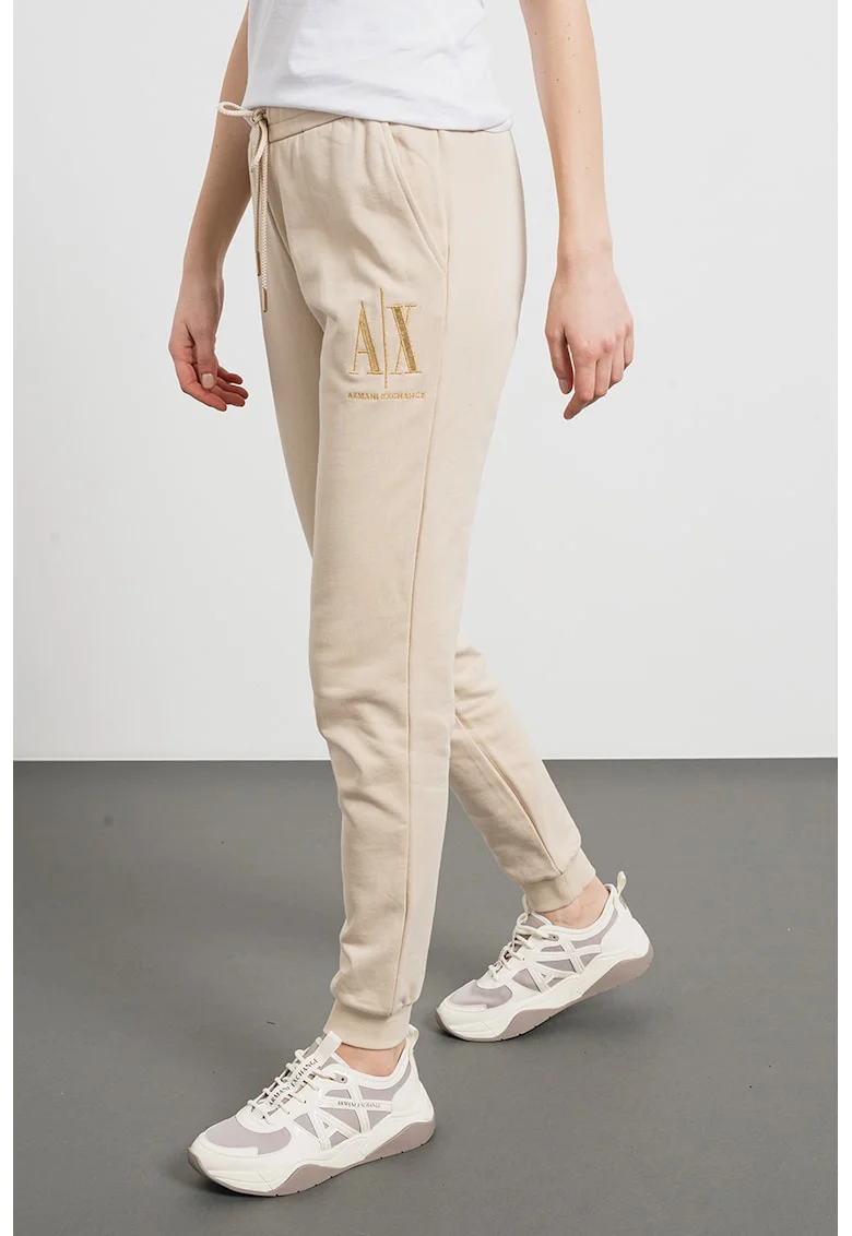 Pantaloni de trening cu snur de ajustare si broderie logo, Bej