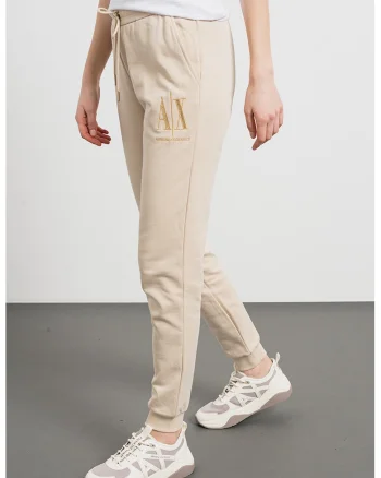 Pantaloni de trening cu snur de ajustare si broderie logo, Bej