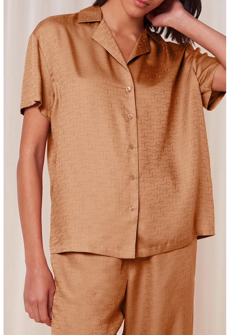 Bluza de pijama din lyocell cu revere decupate, Maro nisip
