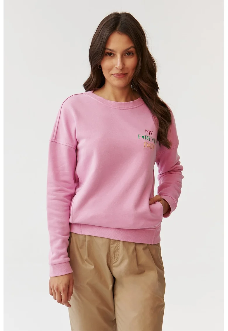 Bluza sport cu decolteu la baza gatului, cu text brodat, Roz pastel
