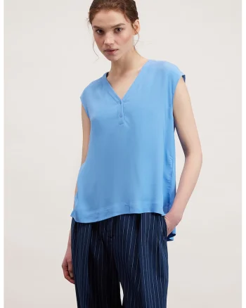 Bluza fara maneci cu decolteu in V, Albastru pastel