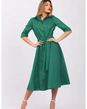 Rochie-camasa evazata cu cordon in talie, Verde aquamarin