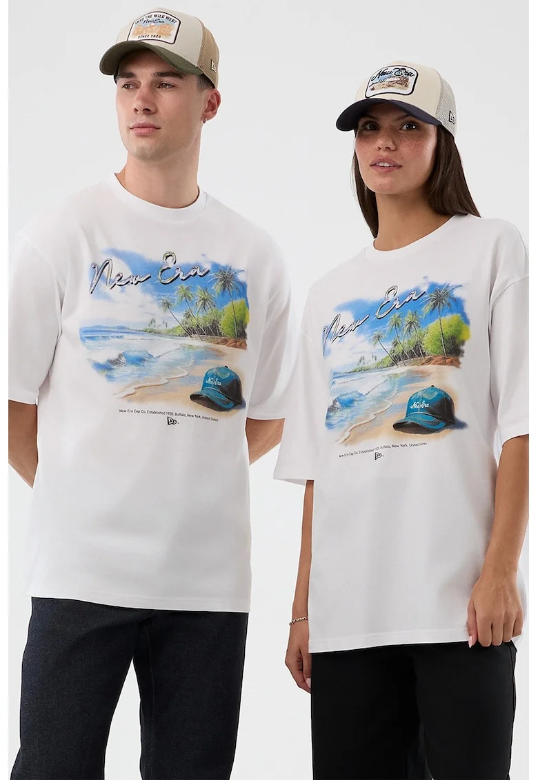 Tricou supradimensionat cu design grafic si model unisex, Alb
