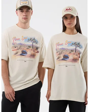 Tricou unisex din bumbac cu decolteu la baza gatului si design grafic, Bej deschis