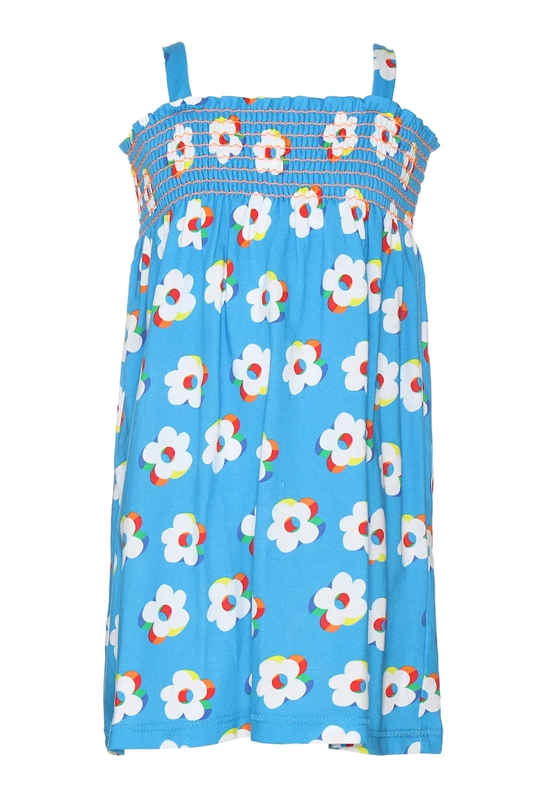 Rochie cu imprimeu floral, fara maneci, Alb/Albastru