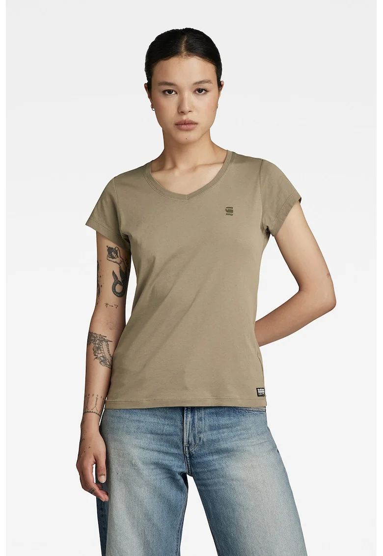 Tricou de bumbac organic cu decolteu in V Eyben, Maro taupe deschis