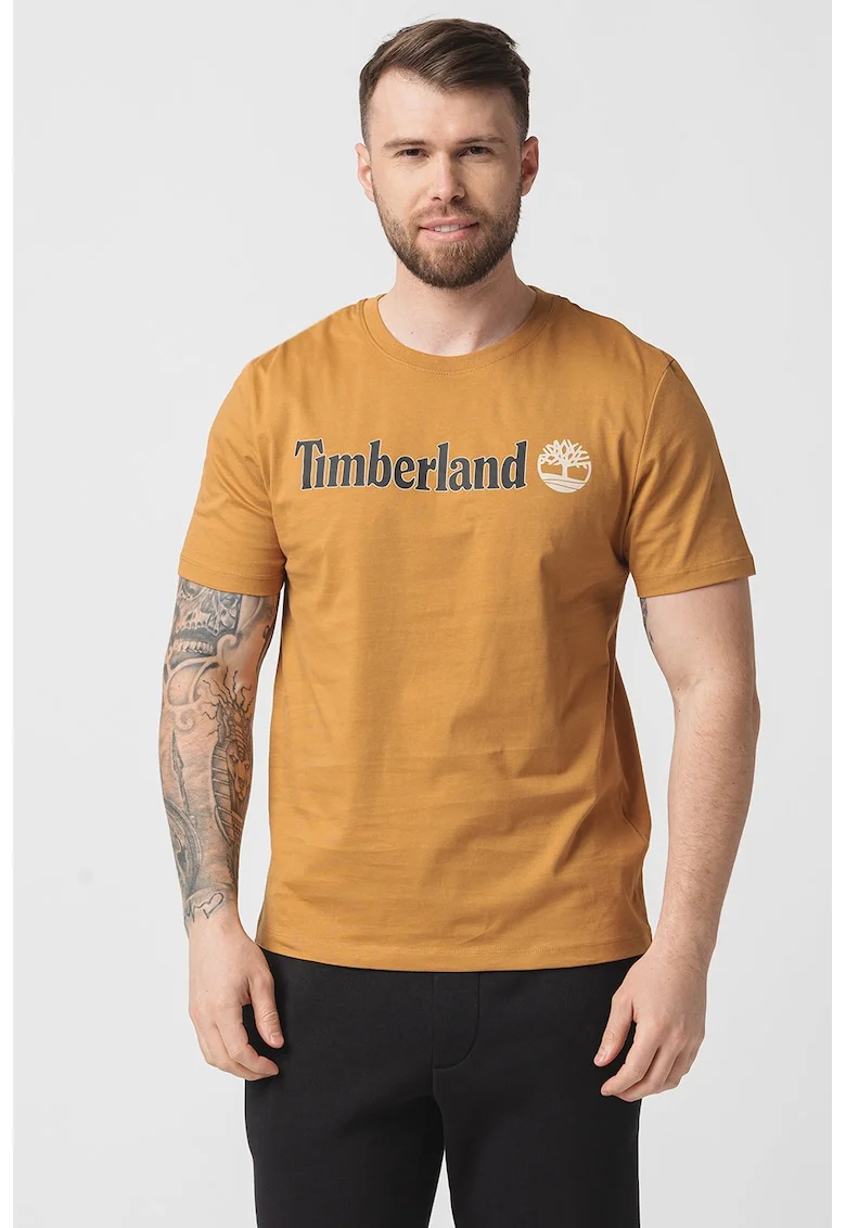 Tricou cu decolteu la baza gatului si imprimeu logo Linear, Caramel