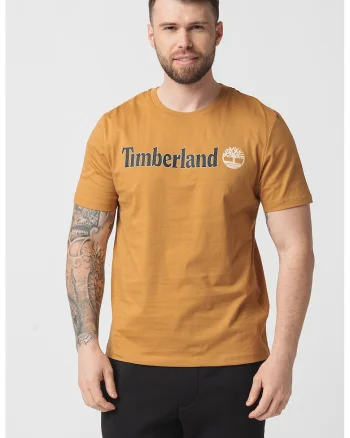 Tricou cu decolteu la baza gatului si imprimeu logo Linear, Caramel