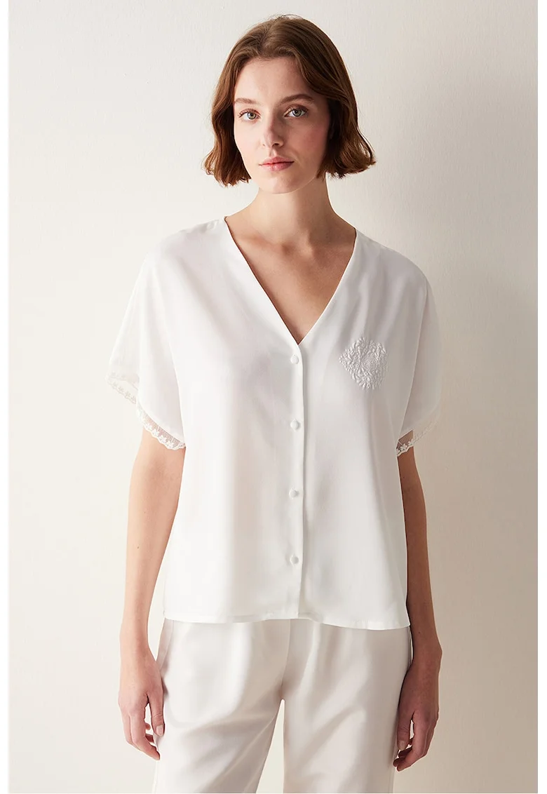 Bluza de pijama cu decolteu in V si detalii brodate, Alb
