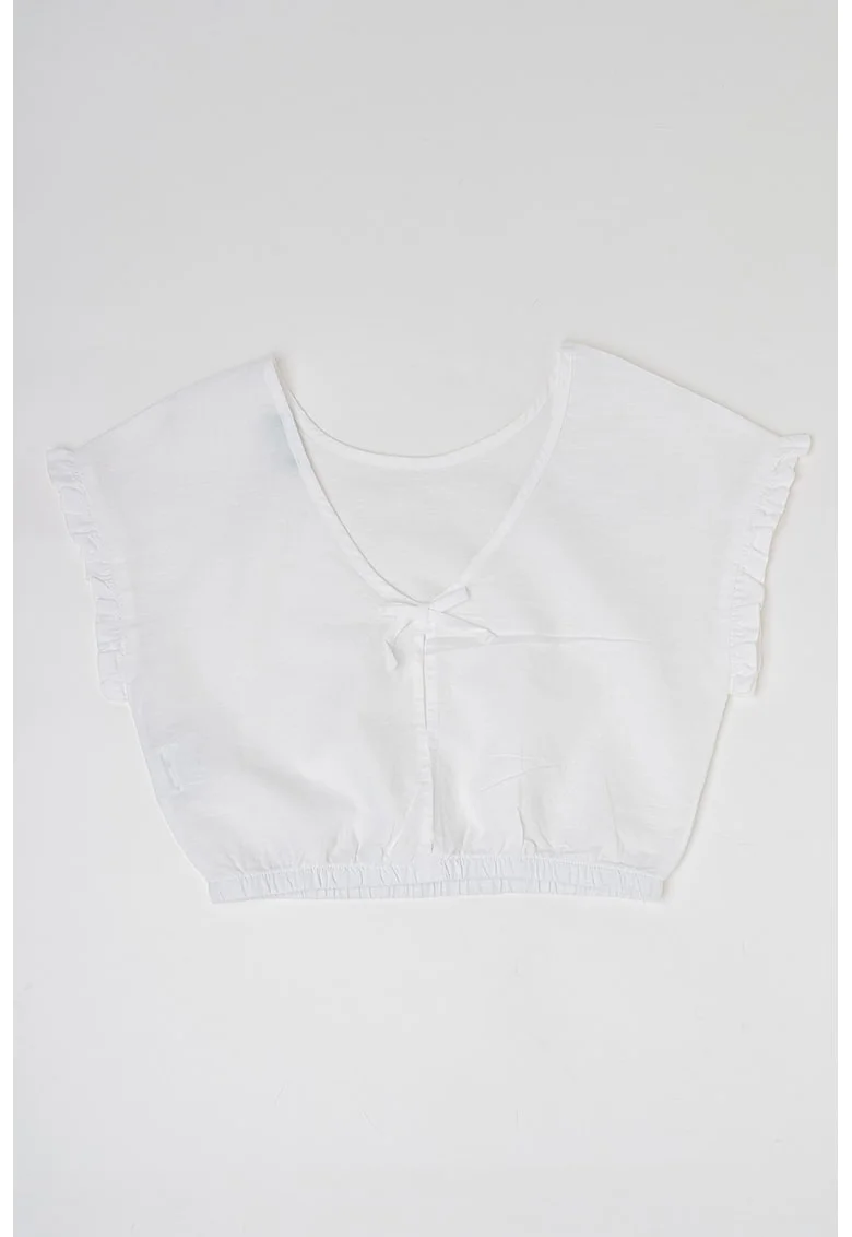 Bluza crop din amestec de in si bumbac cu maneci scurte, Alb