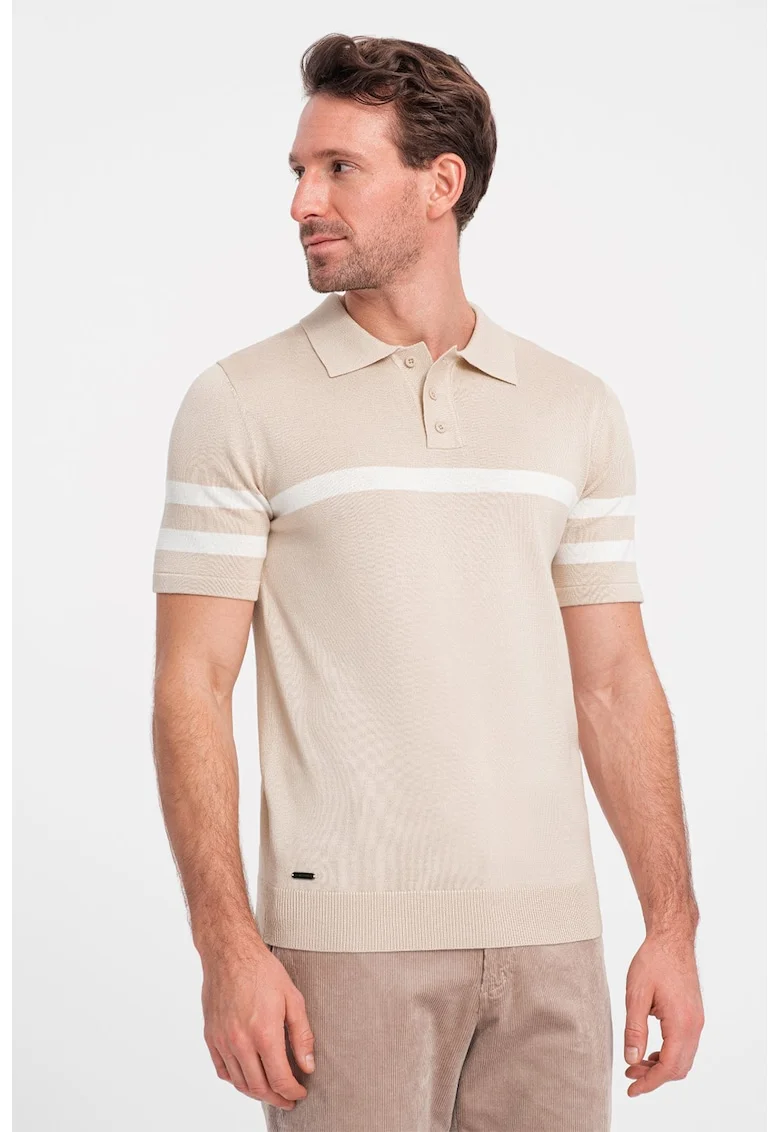 Tricou polo cu dungi contrastante, Maro nisip