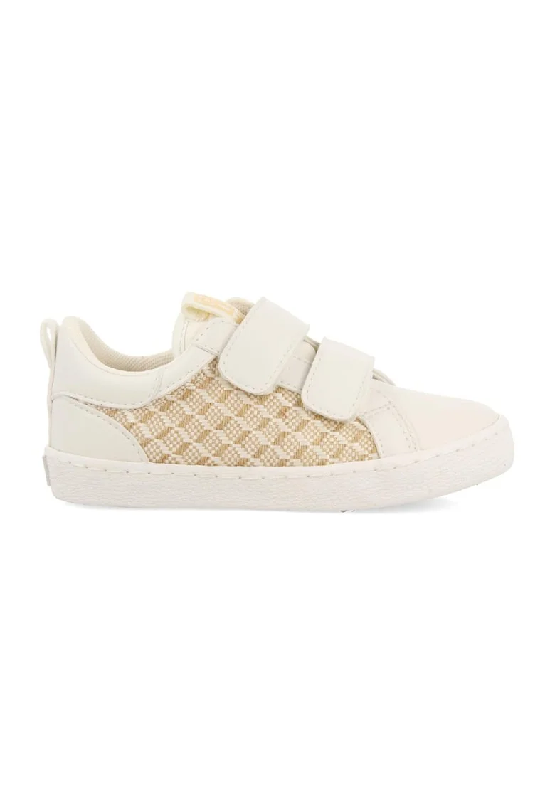 Pantofi sport de piele ecologica si material textil cu velcro, Alb/Bej