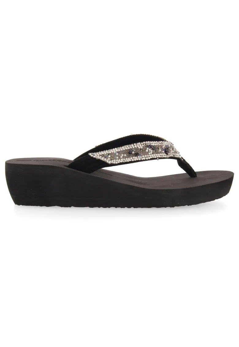 Papuci wedge cu bareta separatoare, margele si strasuri Mezzago, Negru