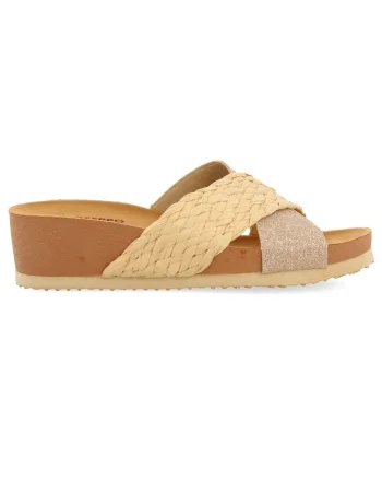 Papuci wedge de piele ecologica, Bej