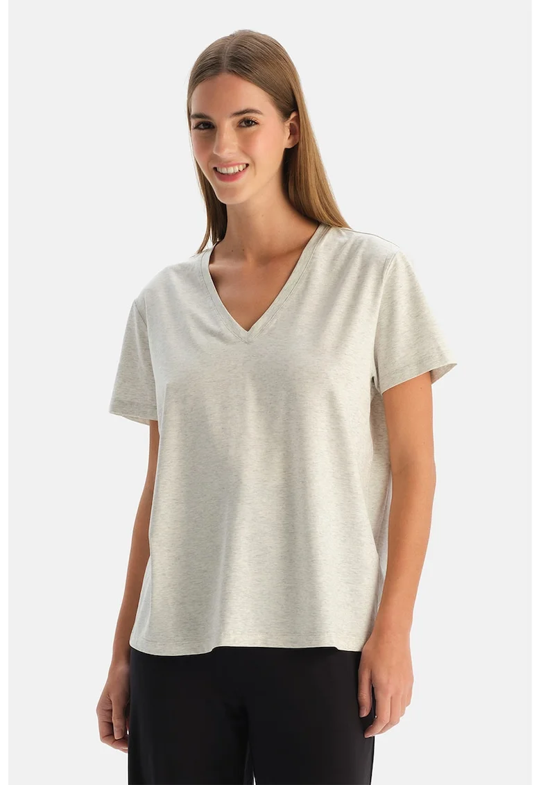 Tricou lejer din amestec de lyocell si bumbac cu decolteu in V, Crem