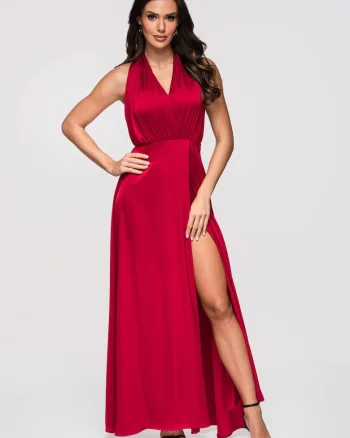 Rochie maxi cu decolteu halter si material satinat, Rosu, Rosu
