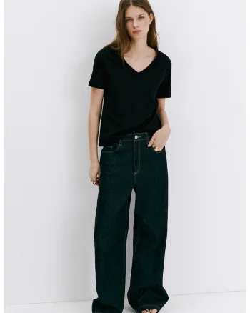 Tricou de bumbac cu decolteu in V, Negru