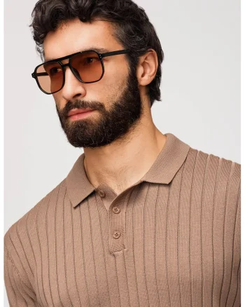 Tricou polo slim fit cu striatii, Maro camel