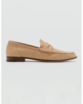 Pantofi loafer din piele intoarsa cu varf rotund, Bej deschis