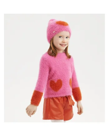 Pulover pufos cu imprimeu inimioare pentru fetite ,  0.7339, Roz/Portocaliu