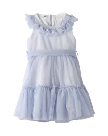 Rochie Eleganta iDO din Tulle cu Volane si Captuseala Bumbac, Albastru deschis