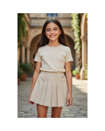 Pantaloni scurti tip fusta pentru fete  din twill elastic cu efect peach, Bej deschis