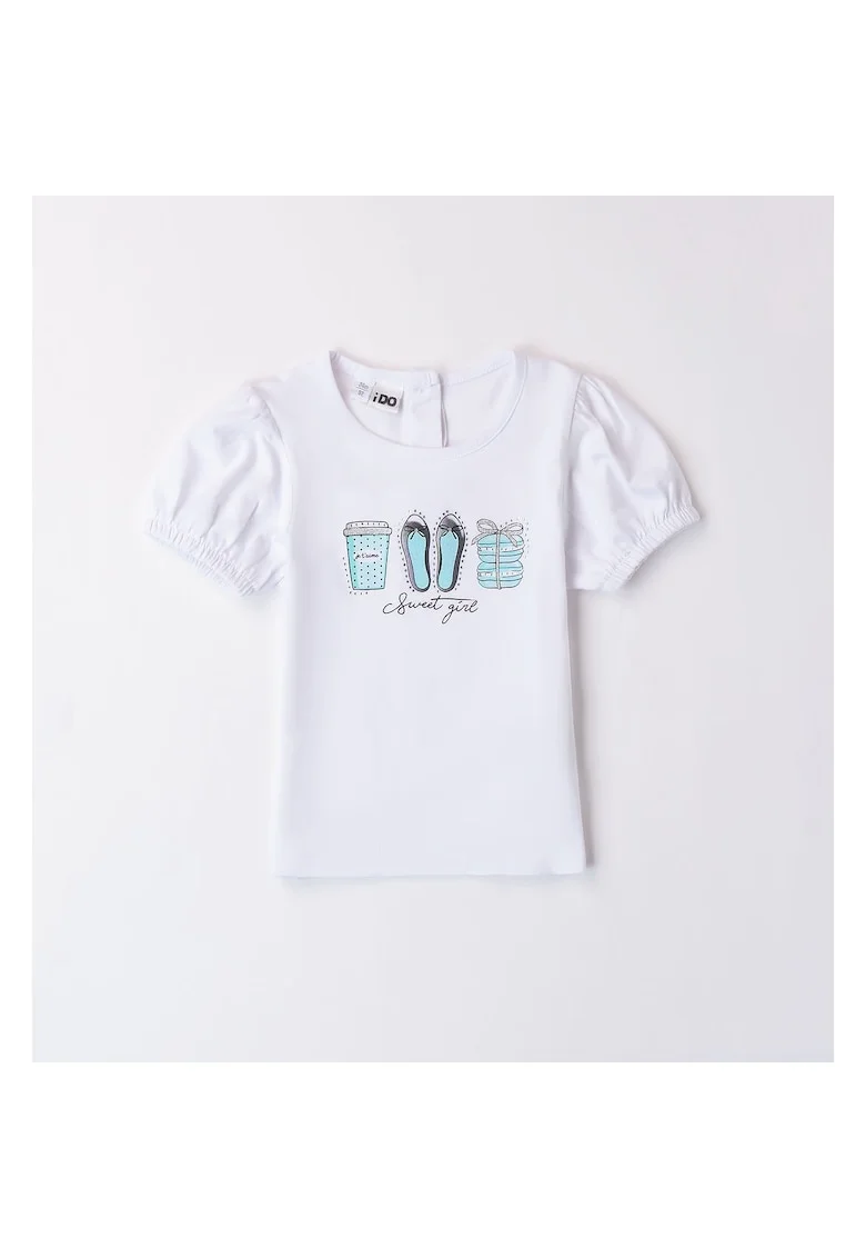 Tricou cu imprimeu si maneci bufante pentru fete,  4.8745, Alb, Alb/Aqua
